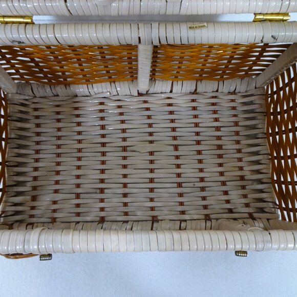 Vintage Wicker Sewing Basket Rectangle Hinged Double Clasp 14x8x7" Handles - Picture 9 of 11